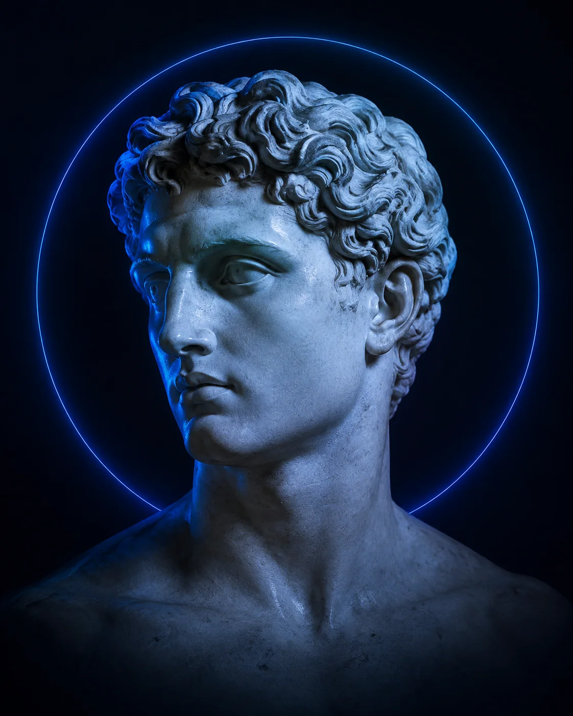 Classical marble sculpture illuminated in electric blue
