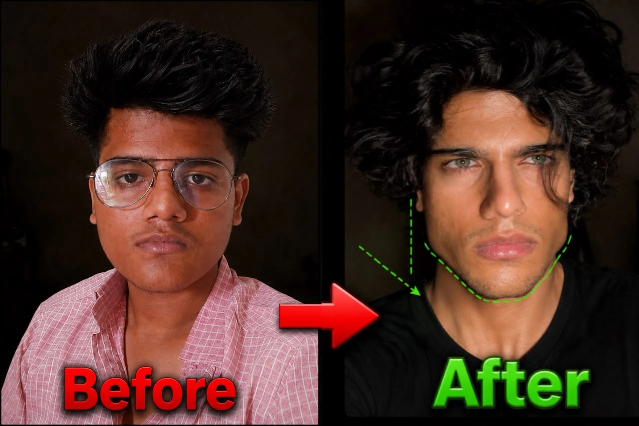Before-and-after transformation shared by the Vysage creator